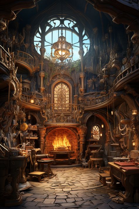 Fantasy Forge Art, Fantasy Manor Concept Art, Fantasy Workshop Concept Art, Fantasy Forge Concept Art, Interior Fantasy Art, Forge Aesthetic, Mythical Backgrounds, Fantasy Marketplace, Fantasy Manor