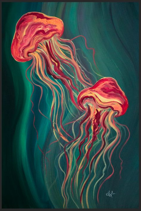 Abstract Painting On Canvas Acrylics, Transformation Paintings Ideas, Trippy Jellyfish Painting, Orange Jellyfish Painting, Jellyfish Abstract Painting, Oil Pastel Animal Drawings, Abstract Painting Animals, Jellyfish Oil Painting, How To Paint Jellyfish