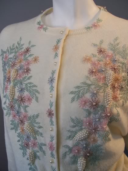 60's beaded cardigan...I love vintage cardigans so much. Embroidery On Cardigan, Beading On Clothes, Embroidery Cardigan, Vintage Knitwear, The Cardigans, Embroidery Vintage, Beaded Cardigan, Embroidery Sweater, Beaded Sweater