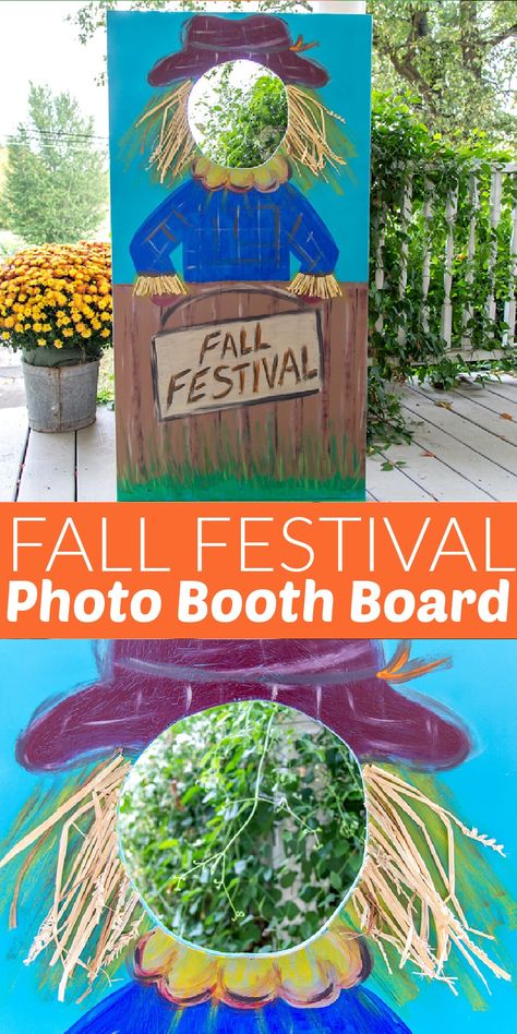 Fall Carnival Photo Booth, Simple Fall Photo Booth, Fall Face Cutout Board, Fall Harvest Photo Booth Ideas, Scarecrow Photo Booth, Scarecrow Photo Prop, Fall Festival Poster Ideas, Pumpkin Photo Booth, How To Build A Scarecrow Diy