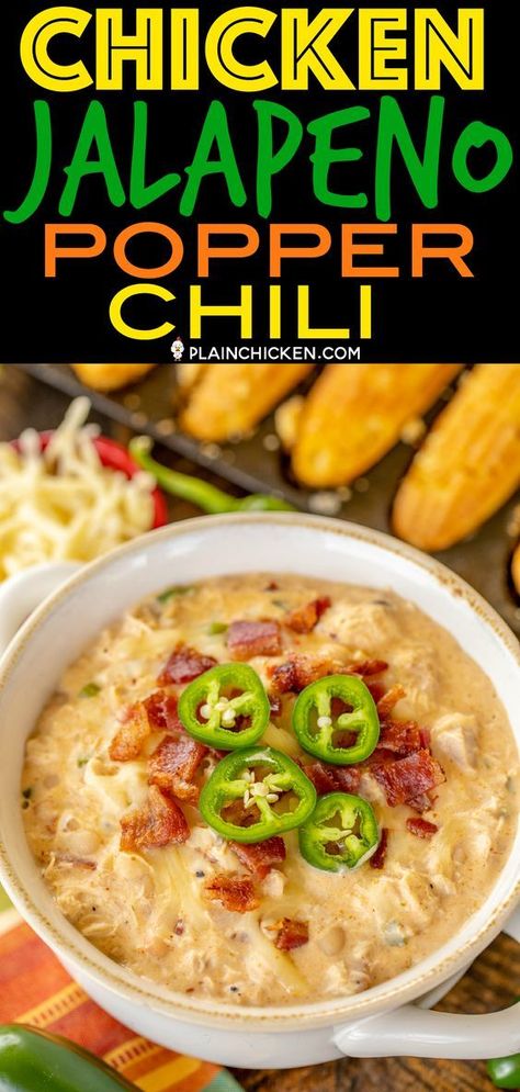 Jalapeno Popper Chili, Chicken Jalapeno Popper, Chicken Jalapeno, Chili Dinner, Chicken Soups, Jalapeno Popper Chicken, Chili Chicken, Jalapeno Chicken, Chili Soup