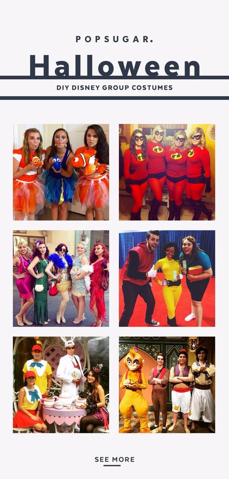 DIY Disney Group Costumes Pixar Halloween Costumes, Disney Group Costumes, Disney Characters Dress Up, Disney Dance, Adult Disney Costumes, Disney Costumes Diy, Disney Character Outfits, Disney Characters Costumes, Theme Nights