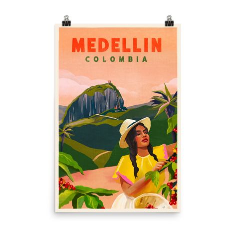 Medellin Colombia Vintage Travel Art Poster | Etsy Colombia Illustration, Coffee Plan, Art Scenery, Scenery Art, Whiskey Ginger, Coffee Brand, Adventure Book, Art Posters, Bedroom Art