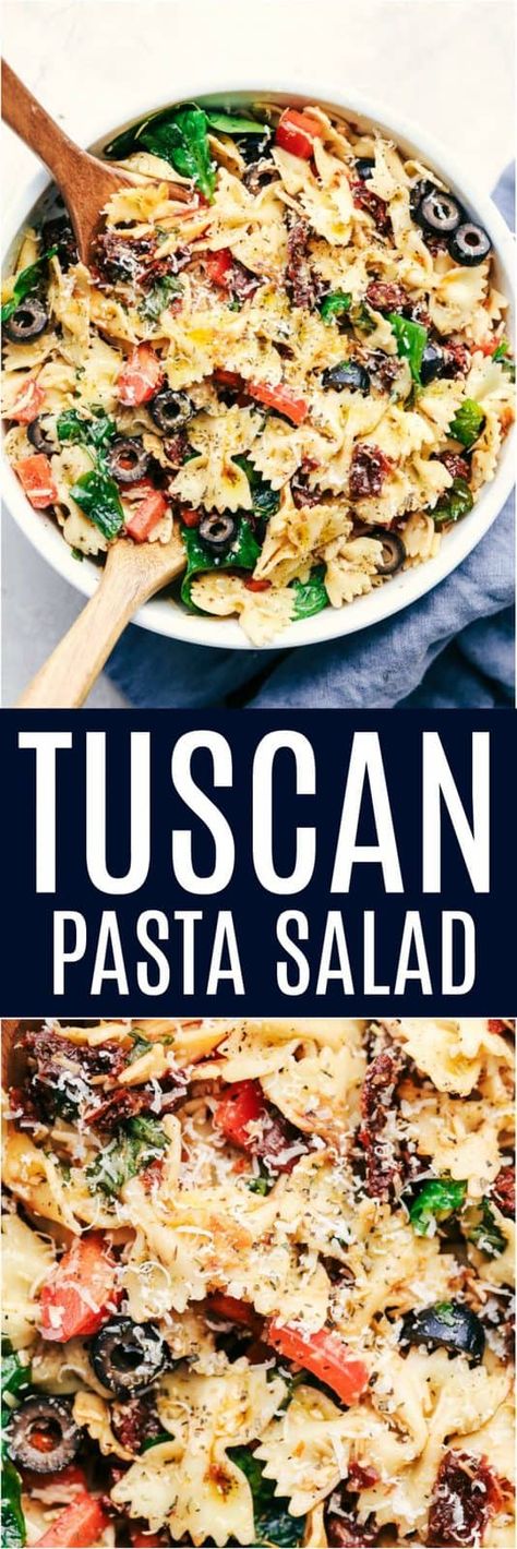 Tuscan Pasta Salad is an easy pasta salad with sun dried tomatoes, peppers spinach, and olives tossed in a tangy dressing. This pasta salad is perfect for your next potluck! Tuscan Pasta Salad, Salad With Sun Dried Tomatoes, Tuscan Pasta, Mexikansk Mat, Resep Pasta, Pasta Vegetariana, Resep Salad, Salad Pasta, Easy Pasta Salad