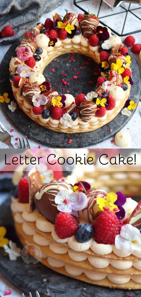 A Vanilla Shortbread Cookie, with Vanilla Buttercream Frosting, and all the Delicious Decoration… The Letter Cookie Cake is perfect for Birthdays and all Occasions! Letter Cookie Cake, Sugar Cookie Cake Recipe, Shortbread Cake, Letter Cookie, Vanilla Shortbread, Alphabet Cake, Janes Patisserie, Sugar Cookie Cakes, Cake Lettering