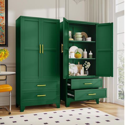 PRICES MAY VARY. 『♕High-quality Material』The tall metal storage cabinet is made of large-sized thickened cold-rolled steel plates, each shelf can withstand a weight of 180 LBS, and the reinforced structure makes the tall steel cabinet more sturdy and durable. The freestanding pantry cabinet adopts electrostatic powder spraying technology, which is scratch resistant, wear-resistant, and easy to clean. More durable than wooden cabinets 『♕Large Capacity Wardrobe』15.75"D x 31.5"W x 71"H. Our large m Vintage Cabinets Living Room, Rustic Storage Ideas, Storage Cabinets With Doors Living Room, Things For New Home, Colorful Cabinets Kitchen, Adding Storage To House, Art Cabinet Organization, Office Cabinet Organization, Pantry Armoire