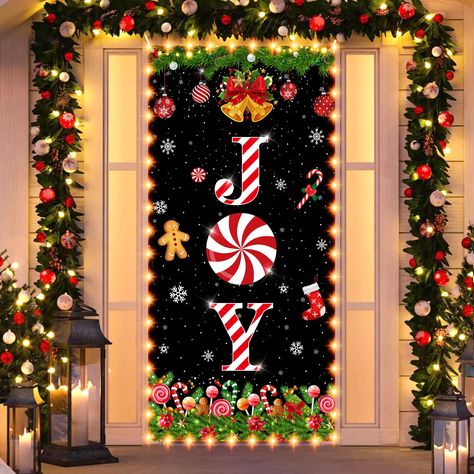 PRICES MAY VARY. Polyester Christmas Decorations for Home : You will receive 1 pieces of Joy Christmas door cover coming with LED lights, Merry Christmas decortions backdrop is designed in black background and Christmas candy JOY element, nice combination and attractive decorations for satisfying your indoor outdoor Christmas decorations demands, easily stands out to catch everyone's eye(Note: the batteries are not included.) Suitable Size : The Christmas Joy decoration banner measures approx. 1 Candy Door Decorations, Christmas Joy Decorations, Peppermint Christmas Decorations, School Hallway Decorations, Christmas Door Cover, Led Lights Christmas, Theme Carnaval, Holiday Door Decorations, Christmas Door Decorating Contest