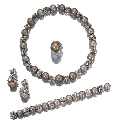 Cultured pearl and diamond parure, Adler | Lot | Sotheby's Diamond Parure, Tiaras Jewellery, The Bling Ring, Pearl Jewels, Golden South Sea Pearls, Matching Design, International Jewelry, Diamond Necklace Set, Diamond Jewelry Designs