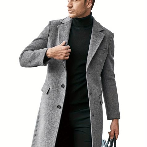 Solid color Black Wool-like Fabric Man's Overcoat, British Style Men, Over Coat, Long Overcoat, Long Wool Coat, Langer Mantel, Long Sleeves Coats, Long Sleeve Polo Shirt, Woolen Coat