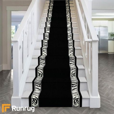 Zebra Border Stair Runner Black And White Stairs, Animal Print Carpet, Stair Carpet Runner, تحت الدرج, Black Stairs, Staircase Runner, Animal Print Decor, Stair Carpet, Loft Conversion