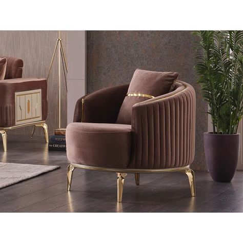 Everly Quinn Aisma 33.5 inches Wide Velvet Armchair | Wayfair Brown Chairs Living Room, Brown Chair Living Room, Gold Armchair, Wooden Leg Sofa, Contemporary Living Room Chairs, Latest Living Room Designs, Easy Chairs, Sofa Chairs, Contemporary Armchair