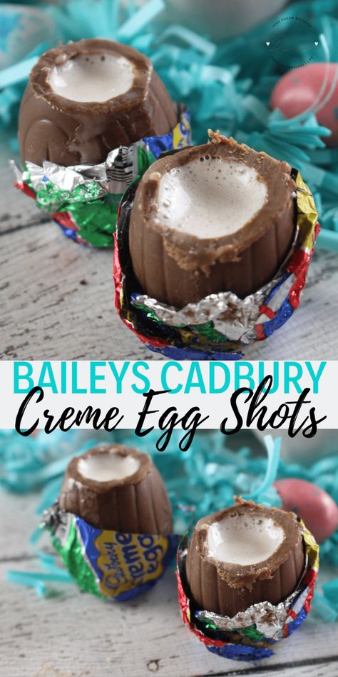 Baileys Cadbury Creme Egg Shots - DINE DREAM DISCOVER Bar Shots, Easter Cocktails, Chocolate Shots, Cadbury Eggs, Cadbury Creme Egg, Pudding Shots, Boozy Desserts, Baileys Irish, Creme Egg