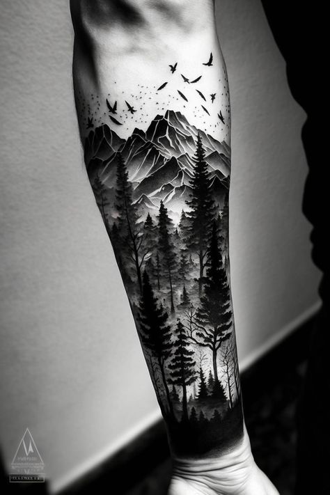 Mens Outdoor Sleeve Tattoo Ideas, Forest Half Sleeve Tattoo, Tattoo Forest Arm, Forest Mountain Tattoo, Nature Arm Sleeve Tattoos, Damon Tattoo, Nature Sleeve Tattoo For Men, Forest Arm Tattoo, Mens Nature Tattoo