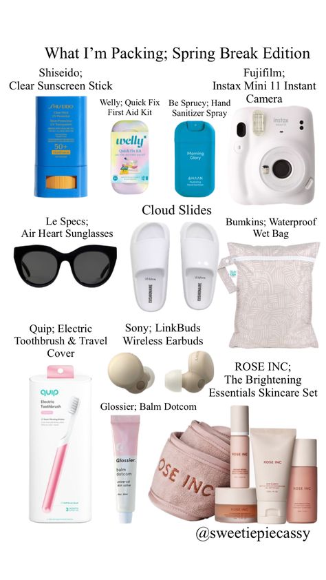 What I’m packing; Spring Break Edition 🎉 #inspo #beach #springbreak #style #aesthetic #moodboards #thatgirl #itgirl #toronto #shopping #followme @sweetiepiecassy Spring Break Accessories, Spring Break Aesthetic, Toronto Shopping, Spring Break Essentials, Sunscreen Stick, Spring Break Trips, Spring Essentials, Heart Sunglasses, Packing List For Travel