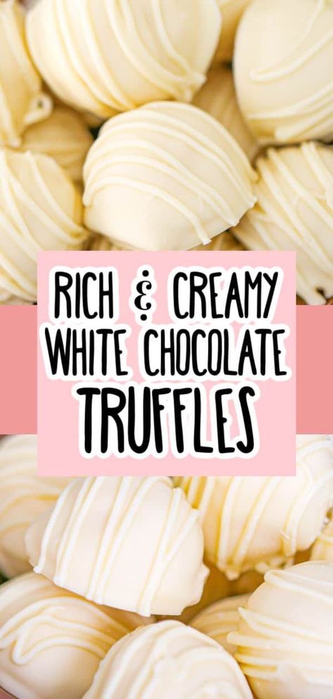 Rich, creamy no-bake White Chocolate Truffles recipe with only 3 ingredients! Perfect easy candy idea for special occasions, picnic yums, mother's day dessert ideas, holidays & more! White Chocolate Ganache Filling, Irish Cream Truffles, Mother's Day Dessert, No Bake Truffles, Chocolate Truffles Recipe, White Chocolate Desserts, Homemade Cake Recipes Chocolate, Best White Chocolate, Cheesecake Truffles