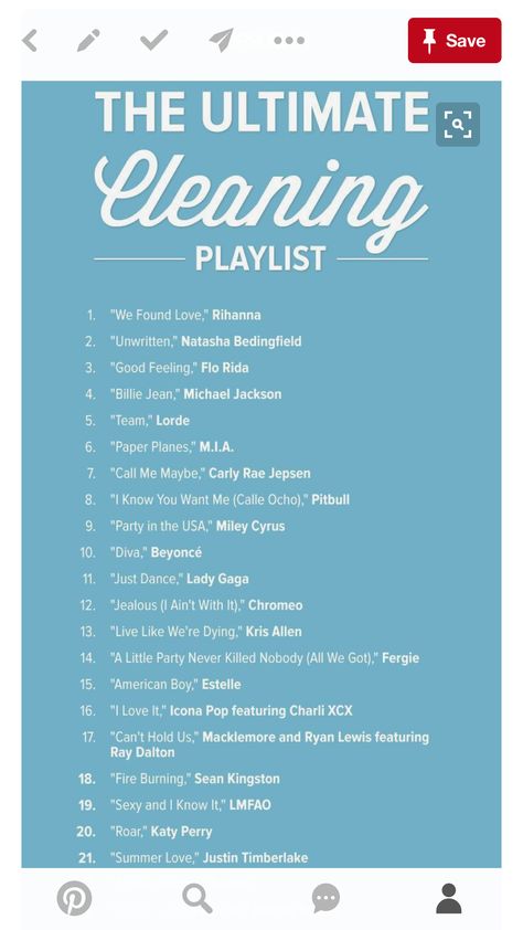 Cleaning Music Playlist, Cleaning Playlist, Just Dance Lady Gaga, Cleaning Music, Billie Jean Michael Jackson, Room Cleaning Tips, Natasha Bedingfield, Song Ideas, We Found Love