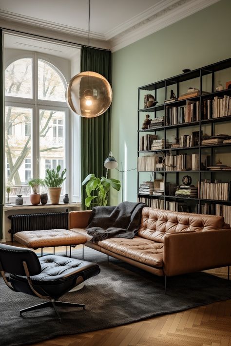 Curtains For Light Green Walls, Dark Wood Floor Green Walls, Dark Green Curtains Living Room, Dark Green Curtains, Dark Leather Sofa, Dark Green Sofa, Olive Living Rooms, Wooden Floors Living Room, European Apartment