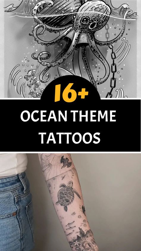 Ocean-inspired tattoo designs are a timeless favorite among individuals fascinated by the allure and majesty of the ocean. Featuring marine creatures such as dolphins, turtles, and seahorses, each design embodies a unique connection to the sea. Discover your perfect ocean-themed tattoo today! Ocean Chest Tattoo Female, Ocean Floor Tattoo, Kelp Forest Tattoo, Marine Tattoo Ideas, Ocean Creatures Tattoo, Ocean Scene Tattoo, Beach Tattoo Design, Under Water Tattoo, Ocean Tattoos Sleeve For Women