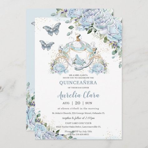 Baby Blue Roses Princess Cinderella Quinceañera Invitation Cinderella Baby Shower, Cinderella Quinceanera, French Roses, Princess Baby Shower Invitation, Princess Carriage, Pumpkin Carriage, Floral Baby Shower Invitations, Baby Shower Princess, Sweet 16 Invitations