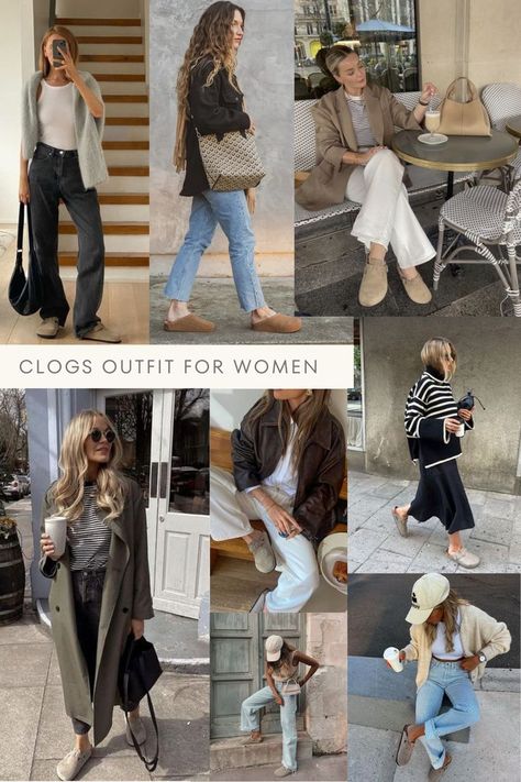 Chic Ways To Style Clogs | Outfit Idea | Fall Outfit Boston Birkenstock Outfit Aesthetic, Clogs Office Outfit, Clog Shoes For Women, Clog Slides Outfit, How To Wear Boston Birkenstocks, Footbed Clogs Outfit, Jeans With Clogs Outfit, Women’s Outfits With Clogs, Sorel Clogs Outfit