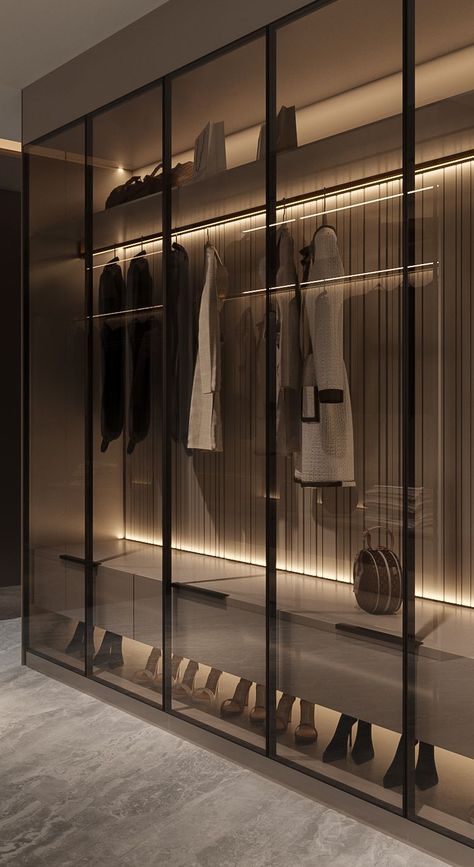 Dressing Room Wardrobe Design Modern, Closet Room Ideas Modern, Dressroom Interior, Luxury Makeup Room, Modern Closets, Modern Closet Designs, Contemporary Closet, Almirah Designs, Glass Closet