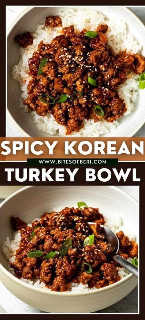 Ground Turkey Korean Style, Korean Style Turkey Bowl, Korean Style Ground Turkey Bowl, Meal Prep Dinner Ground Turkey, Asian Ground Turkey Bowl, Turkey Korean Bowl, Ground Turkey Gochujang, Turkey Meal Prep Ideas, Meal Prep Ideas Ground Turkey