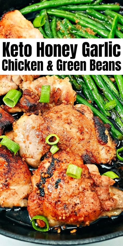 Keto Honey Garlic Chicken and Green Bean Skillet #ketohoneygarlichcikenandgreenbeans #honeygarlicchickenandgreenbeans Keto Honey Garlic Chicken, Garlic Chicken And Green Beans, Green Bean Skillet, Chicken And Green Bean, Keto Honey, Caramelized Chicken, Chicken And Green Beans, Stylish Cravings, Skillet Green Beans