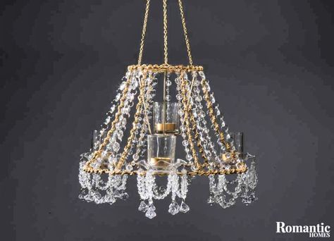 Diy Crystal Chandelier, Chandelier Diy Crystal, Homemade Chandelier, Pink Lamp Shade, How To Make A Chandelier, Chandelier Makeover, Old Lamp Shades, Acrylic Chandelier, Chic Lamp