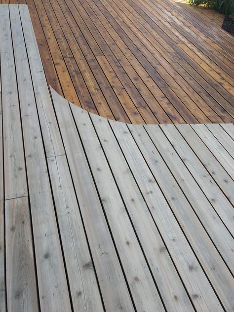 How To Stain A Cedar Deck — Sand & Stain Staining Pressure Treated Wood, Cedar Deck Stain, Railing Spindles, Lattice Privacy Fence, Deck Maintenance, Cedar Stain, Cedar Posts, Cottage Porch, Cedar Deck