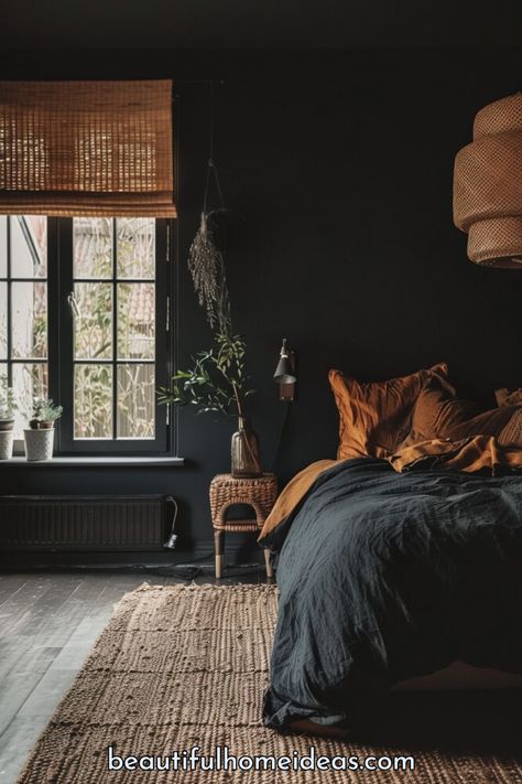 Black Bedroom With Accent Wall, Bedroom Paint Ideas For Men, Wallpaper Bedroom Feature Wall Boho, Black Bed In Bedroom, Black Wall Bedroom Decor, Black Bedroom Walls Inspiration, Dark Earthy Bedroom Aesthetic, All Black Room Aesthetic, Black Moody Bedroom