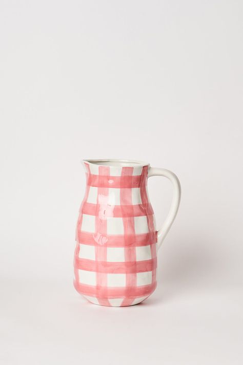 Colourful and unique, this gingham vase has been individually hand painted in pink and white. Featuring a large, curved handle and an overall organic finish with lovely texture, this vase is perfect for large floral arrangements or as a water/punch jug that will bring a joyous feel to any dining table. Gingham Decorations, Large Floral Arrangements, Vase Blue, French Culture, Painted Vases, Pottery Painting, Air Dry Clay, Organic Shapes, Paint Designs