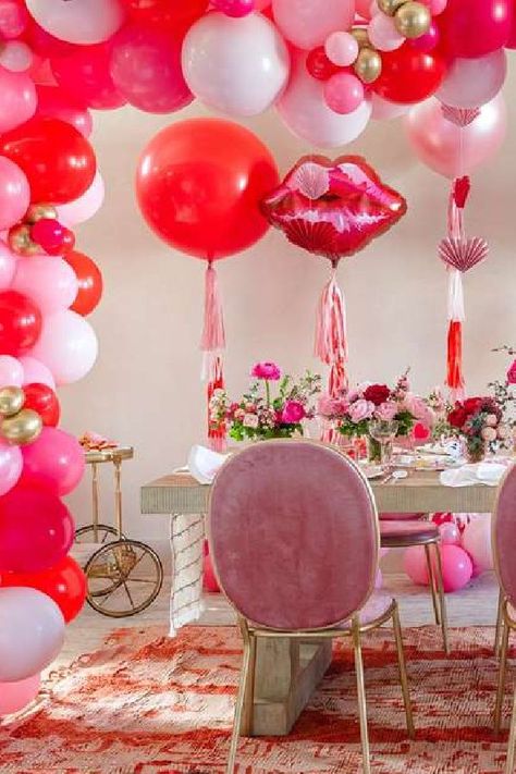 Feast your eyes on this wonderful Valentine's Day party! The decor is fabulous! See more party ideas and share yours at CatchMyParty.com #catchmyparty #partyideas #valentinesday #valentinesdayparty Baby Valentines Party, Heart Themed Bridal Shower Ideas, Love Themed Birthday Party, Bridal Shower February, Heart Bridal Shower Theme, Kiss The Miss Goodbye Bridal Shower Party Ideas, Valentines Theme Bridal Shower Ideas, Galantines Decoration, Valentines Themed Birthday Party