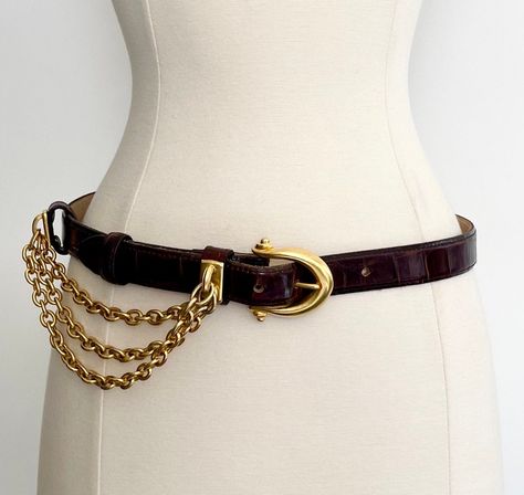 Belt Choker, American Vintage Clothing, 80s Accessories, Belt Vintage, Denim Skirt Women, Brown Leather Strap, Brown Belt, Vintage Belts, Chain Belt