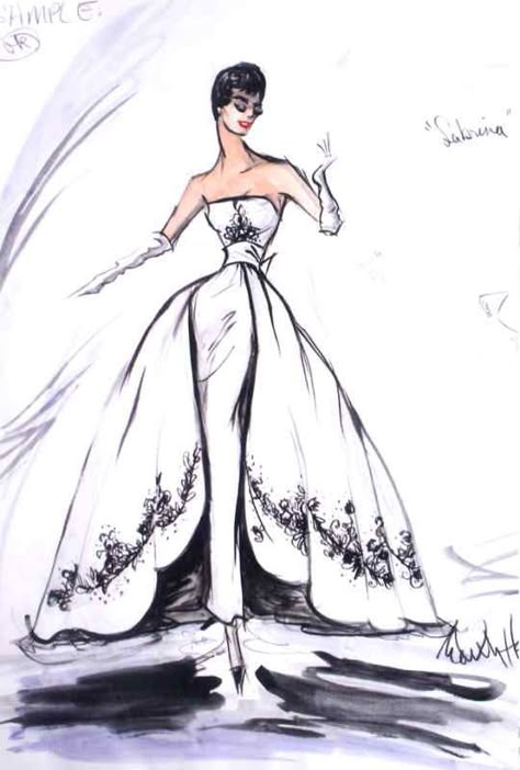 for Audrey Hepburn in Sabrina.  2nd pinner: I'm squinting to see artist's name.  Could be Edith Head.  I think I see an "E" and an "H". Edith Head Sketches, Edith Head Designs, Edith Head Fashion, Audrey Hepburn Costume, Head Sketches, Sabrina 1954, Costume Sketches, Costume Design Sketch, Givenchy Couture