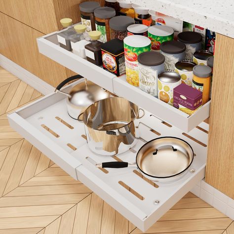 PRICES MAY VARY. 【Expandable Rack】This cabinet organizer is designed with expandable width to fit most home cabinets.It measures 16.5" d *2.7" h, and from 12.6" to 20.4" in width. Therefore, you can just adjust the slide out drawers for kitchen cabinets base as you need. 【No Need Drill & Nail】Our pull out expandable cabinet organizer is very easy to install, no drilling or screwing required and just following manual.It comes with 3 strips of 3M adhesive tape and can be installed directly with th Slide Out Cabinet, Slide Out Pantry, Pull Out Cabinet, Cabinet Organizers, Kitchen Base Cabinets, Cabinet Organizer, Pantry Shelf, Kitchen Cabinet Organization, Pull Out Drawers