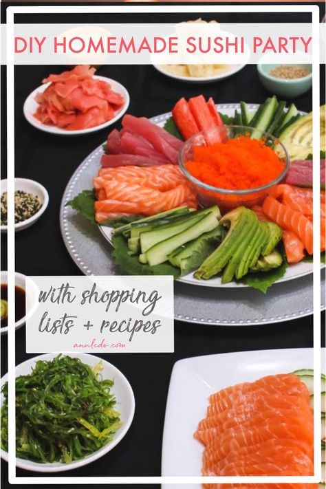 Make Your Own Sushi Rolls, Homemade Sushi Ingredients, Sushi Party Ideas At Home, Ingredients For Sushi Rolls, Make Your Own Sushi Bar, Sushi Meal Ideas, Diy Sushi Party, Sushi Roll Filling Ideas, Sushi Roll Ingredients