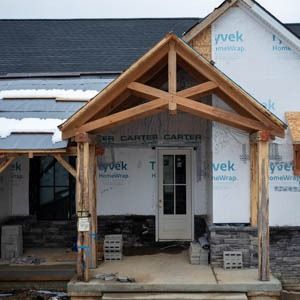 Porch roof with scissor trusses Front Porch Truss Ideas, Timber Frame Front Entry, Scissor Truss Porch, Scissor Truss, Timber Frame Porch, Porch Roof, Front Entrance, Front Entrances, Timber Framing