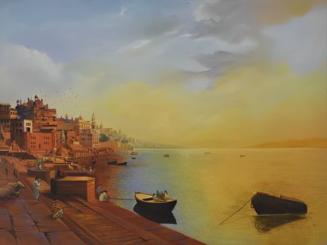 Kashi Ghat Painting, Varanasi Ghat Painting, Varanasi Painting, Ghat Painting, Banaras Ghat, Varanasi Ghat, Oil Painting Home Decor, Watercolour Ideas, Spiritual Paintings