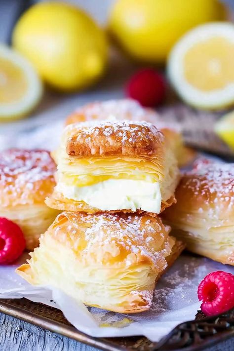 Lemon Cream Cheese Puff Pastries Lemon Cream Cheese Pastry, Cream Cheese Turnovers Puff Pastries, Lemon Phyllo Dessert, Cream Cheese Pastry Recipes, Recipes With Phyllo Pastry, Lemon Curd Puff Pastry Recipes, Phyllo Dough Desserts, Mini Puff Pastry Desserts, Cream Cheese Puff Pastry Recipes