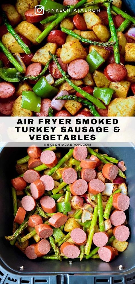 Ww Smoked Sausage Recipes, Asparagus And Sausage Recipes, Turkey Sausage Meals Healthy, Air Fryer Smoked Sausage And Potatoes, Air Fry Turkey Sausage, Turkey Sausage Air Fryer Recipes, Weight Watchers Turkey Sausage Recipes, Turkey Smoked Sausage Recipes Healthy, Meals With Turkey Sausage