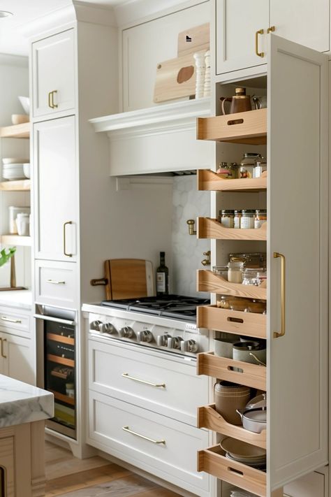 17 Clever Tiny House Kitchen Storage Ideas For Small Spaces Small Kitchen Hidden Storage, Small Kitchen With Storage Ideas, Small Custom Kitchen Ideas, Kitchen Designs For Small Spaces, Adding Walk In Pantry To Kitchen, Coolest Kitchen Features, Small Kitchen Pantry Design Ideas, Refrigerator Ideas For Small Kitchen, Small Home Storage Ideas Maximize Space Tiny House