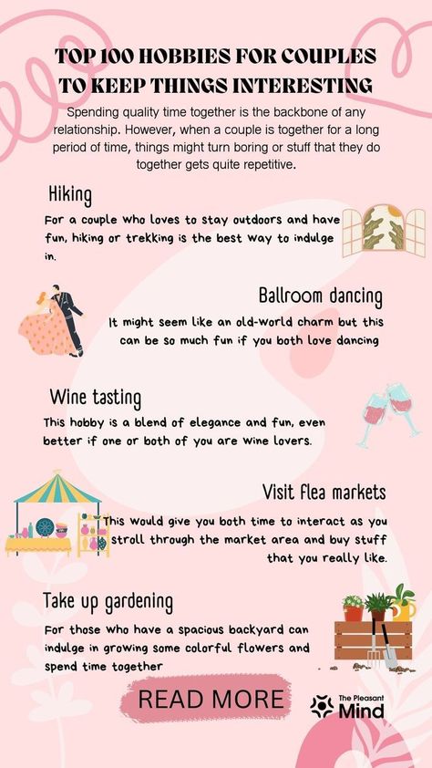 Top 100 Hobbies for Couples to Keep Things Interesting💕#LoveStory #RomanticEncounters #HeartfeltConnections #DateNightIdeas #SoulmateSearch #FlirtyFridays #CandlelitDinners #StarryEyedMoments #LoveQuotes #DreamyDates #WhisperedPromises #AmourAdventures More Love Letters, The Power Of Vulnerability, Relationship Games, Hobbies For Couples, Acts Of Love, Love Facts, Finding Your Soulmate, Romantic Gestures, Long Distance Relationship Quotes