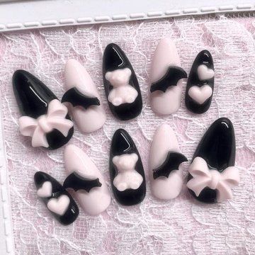 Jirai Kei Nails Simple, Black White Pink Nails, Nails Black And Pink, Pink Black Nails, J Nails, Gothic Nails, Goth Nails, Gel Nails Diy, Blush Nails