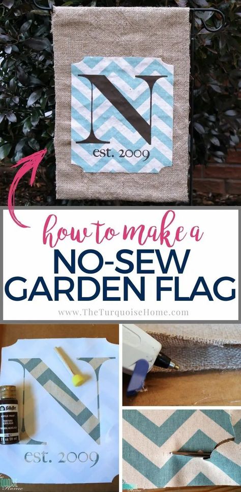 How to make a simple garden flag with supplies you already have at home! Yard Flags Diy How To Make, Diy Garden Flag, Lawn Ideas, Beautiful Outdoor Living Spaces, Burlap Garden Flags, Simple Garden, Fun Crafts To Do, Diy Upcycle, Diy Home Decor On A Budget