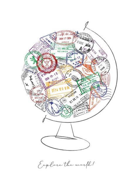 Globe made from a passport stamps different countries with lettering explore the world Travel Collage, Passport Stamps, Travel Icon, Letter Stamps, Art Appreciation, Different Countries, Bullet Journal Ideas Pages, Explore The World, Cute Cartoon Wallpapers