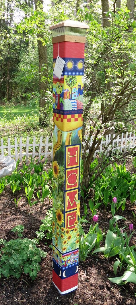 Peace Pole  Home Sweet Home by ASignOfPeace on Etsy                                                                                                                                                                                 More Peace Pole, Garden Totem, Tuscan Garden, Art Pole, Painted Post, Garden Totems, Garden Poles, Pole Art, Flagstaff Arizona