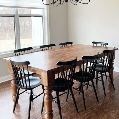 Our classic dining set is definitely modern farmhouse. An 8' L x 42" W Rustic Alder Table Stained Early American with 8 Black Lexington Chairs. Black Stained Farmhouse Table, Williamstown Kentucky, Wooden Kitchen Table, Dark Table, Real Wood Furniture, Bar Tops, Stained Table, Rustic Chair, Styling A Buffet