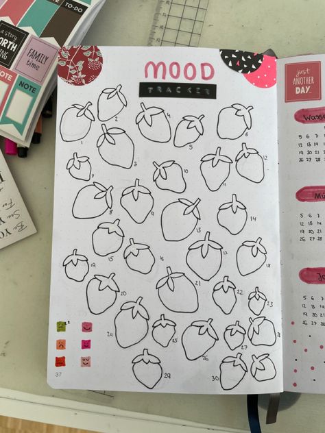 Strawberry Mood Tracker, Strawberry Bujo, Bulletin Journal, Bulletin Journal Ideas, Mood Tracker, Journal Pages, Journal Ideas, Family Time, Bullet Journal