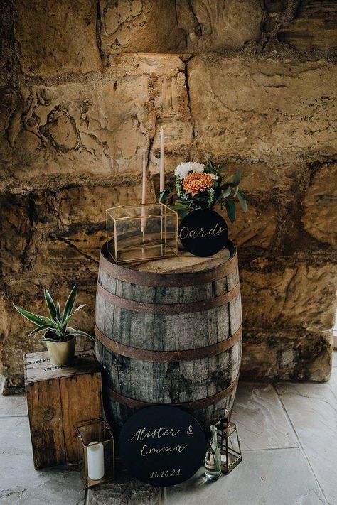 Whiskey Barrel Table Wedding, Whiskey Barrel Card Box Wedding, Barrel At Wedding, Wooden Barrel Table, Rustic Barrel Wedding Decor, Wooden Barrel Wedding Decor, Whiskey Barrel Ideas Wedding, Whiskey Bottle Wedding Decor, Bourbon Barrel Wedding Decor