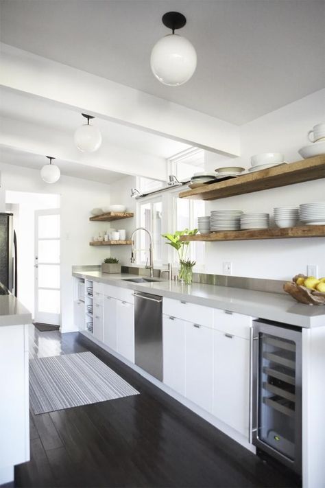 small kitchen design - floating shelves Nantucket Kitchen, Flipping Homes, Kitchen Open Concept, Small Galley Kitchen, Apartment Lighting, Galley Kitchens, Texas House, Galley Kitchen, Florida House